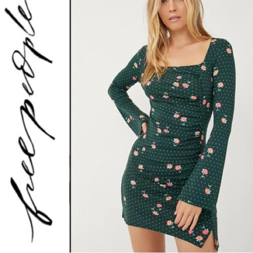 Free People | Celia Mini Dress - Emerald Jewel Floral/Polka Dot Print - Ruched - Picture 13 of 13